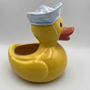 Teleflora Large‎ Yellow Duck Ceramic Planter Vase Just Ducky Blue Hat VTG Nos